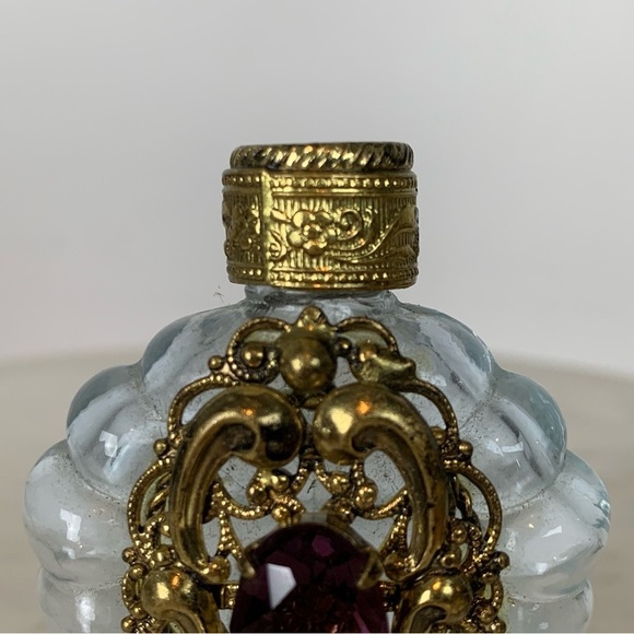 Miniature Glass Perfume Bottle Vintage Ornate Brass Purple Rhinestone Twist Cap - Picture 4 of 13